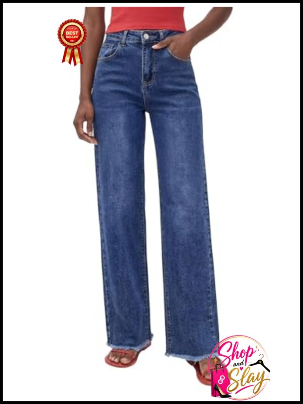 Womens Wide Leg High Waist Stretch Denim Jeans Raw Hem Pants